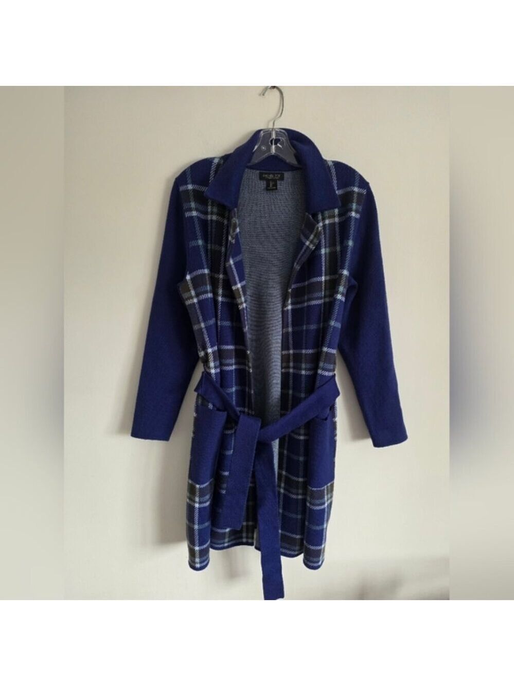 RACHEL ZOE | plaid cardigan with a belted waist blue Sz L